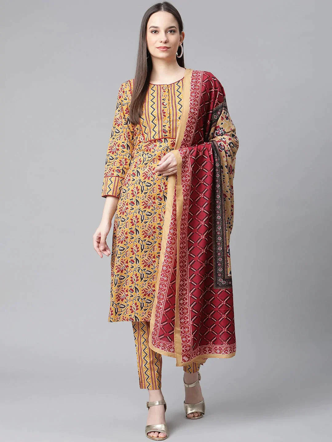 Women Mustard Yellow & Maroon Floral Pure Cotton Kurta With Trousers & Dupatta - Rasiya Trousers Sale Discount