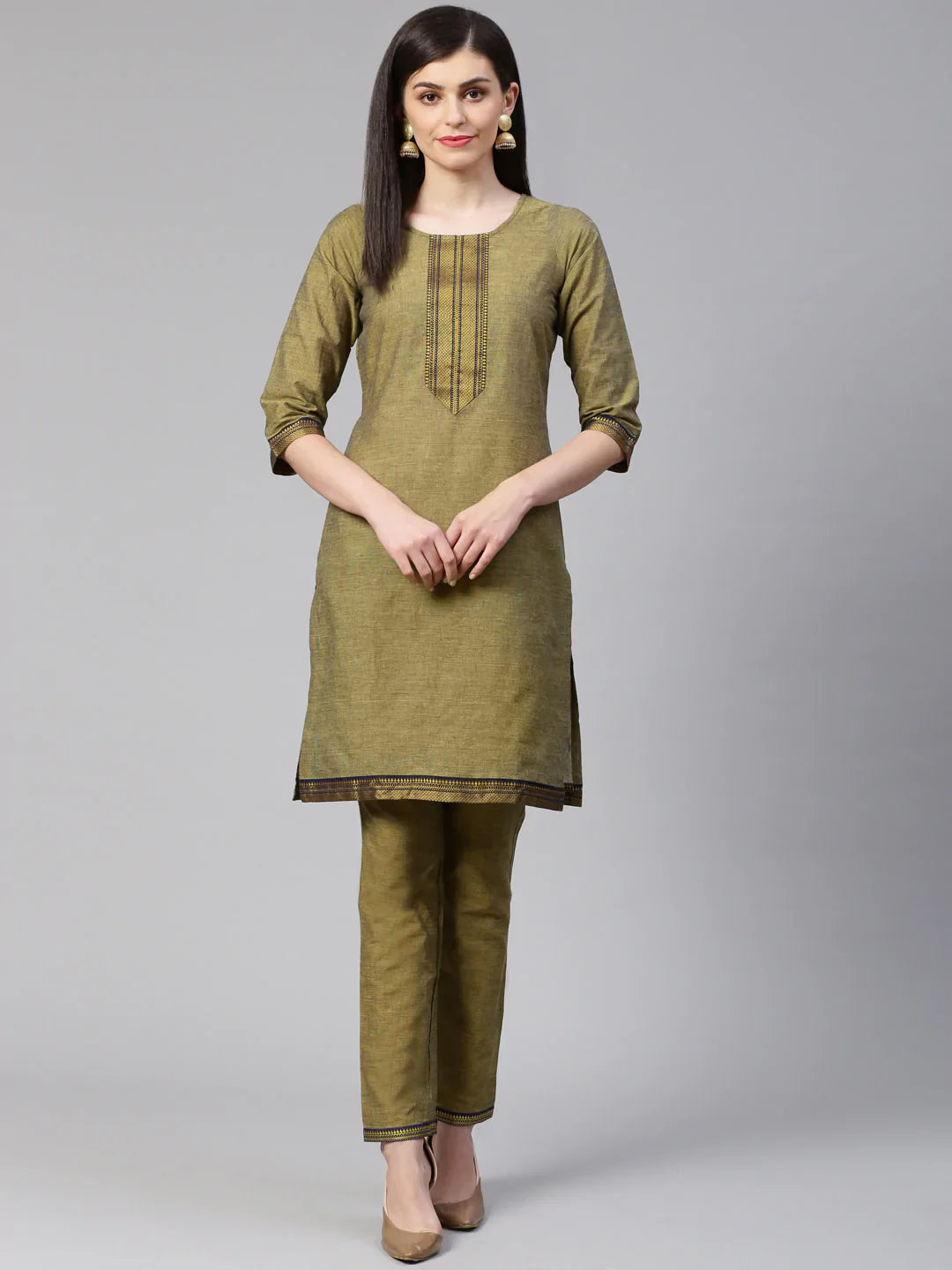 Women Mustard Yoke Design Kurta With Trousers - Rasiya Trousers Mesh Breathable