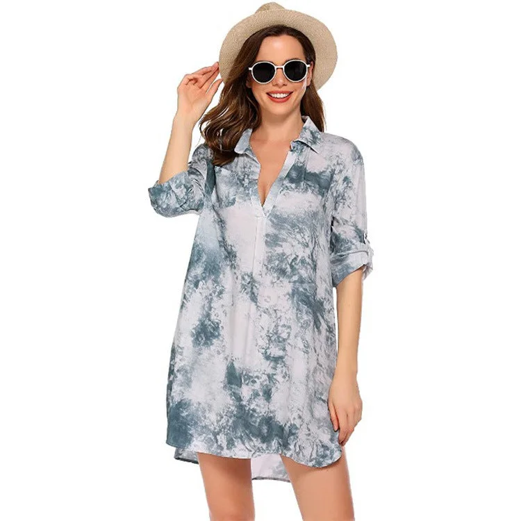 Haute Edition Women's Pullover Swim Beachwear Cover up Tunic Dress Elbow Length Sleeve