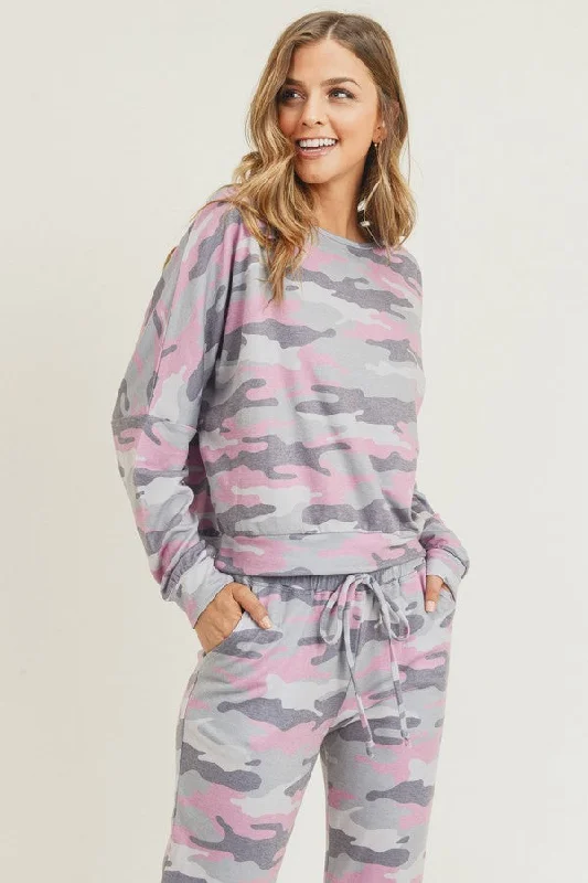 Relaxed Camo Print Pullover Top Button Front Sweater