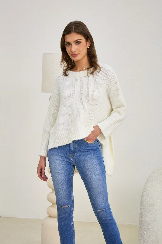 Nora Off-White Step Hem Knit Sweater Tailored Straight A-Line