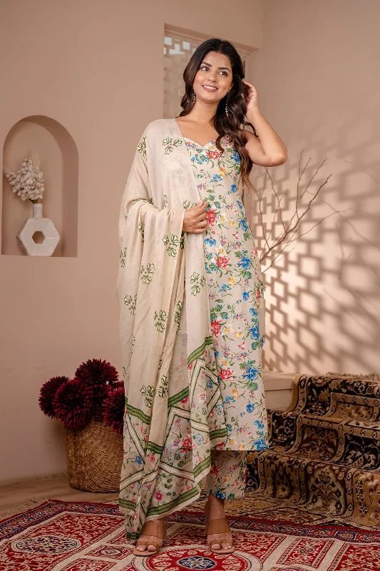 Women Beige Floral Printed Straight Kurta With Trouser And Dupatta - Rasiya Trousers trendy modern