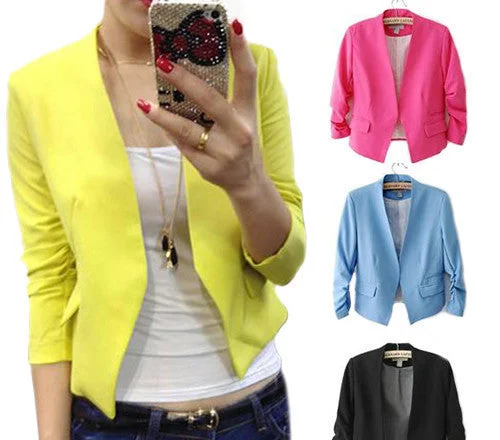 Women's Candy Color Solid Slim Suit Blazer Coat Jacket Outcoat Outerwear Zip Front Button Front Snap Front