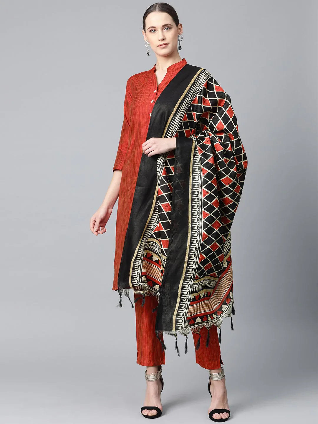 Women Red & Black Self-Striped Kurta With Trousers & Dupatta - Rasiya Trousers stylish elegant