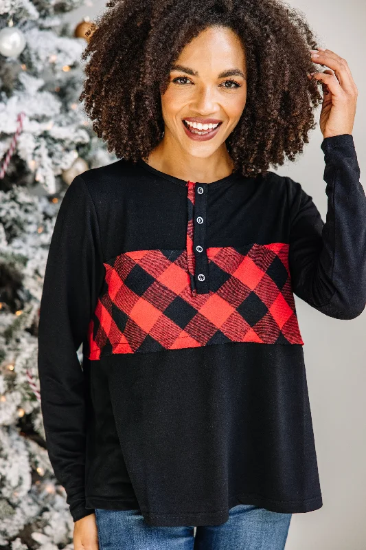 All For Fun Black Buffalo Plaid Pullover Fleece Warm Pullover