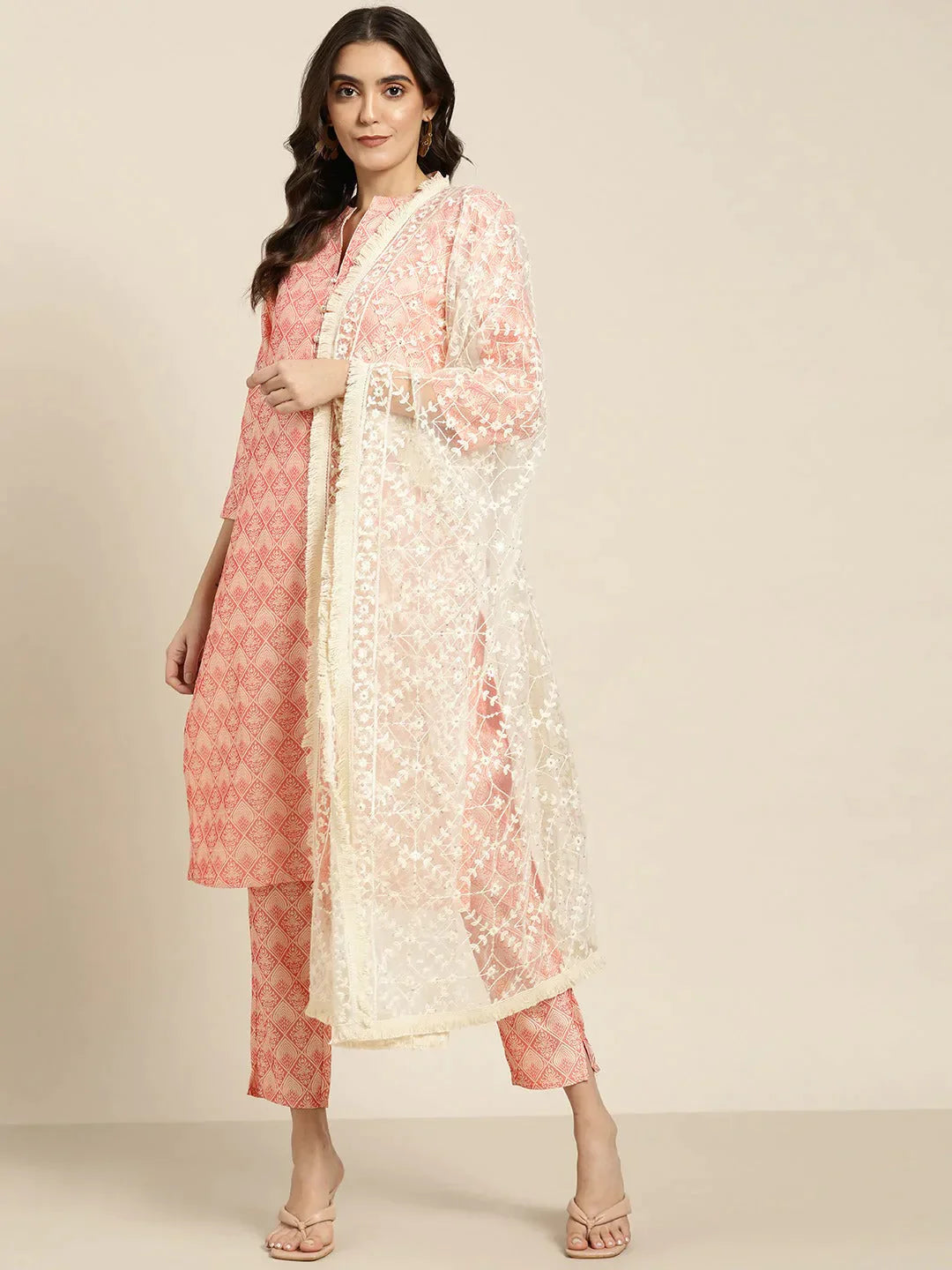 Women Jacquard Woven Design Straight Kurta Trousers & Chikankari Dupatta Pink - Rasiya Trousers Recommended Stylist