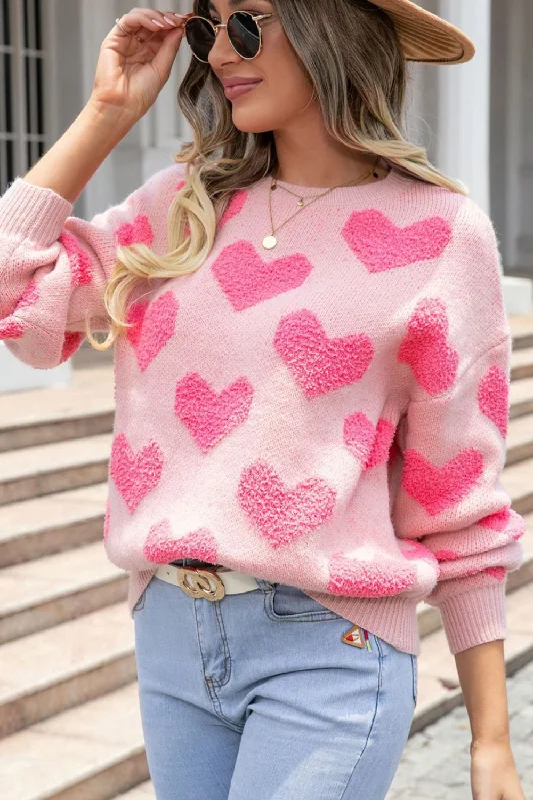 Hazel Blues® |  Valentine's Day Heart Jacquard Round Neck Sweater Transparent Opaque Sheer