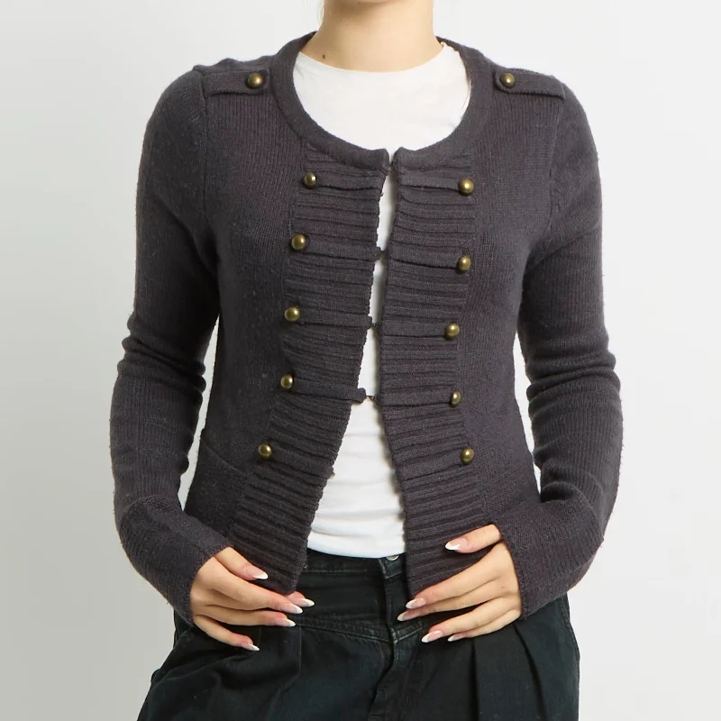 Hook Eye Detail Button Cardigan - UK 10 Elasticated Padded Insulated