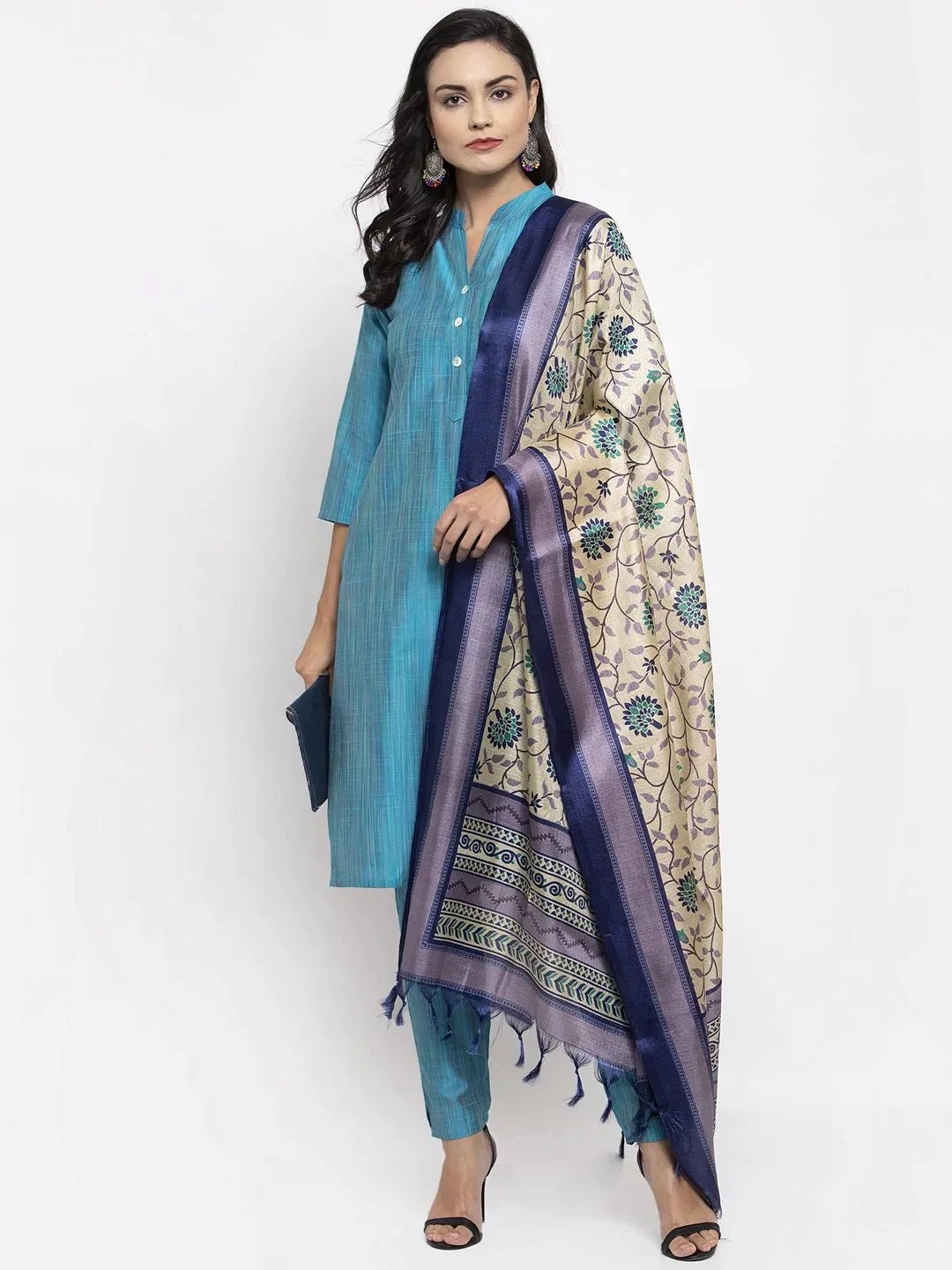 Women Blue & Green Self-Striped Kurta With Trousers & Printed Dupatta - Rasiya Trousers Favorite Customer