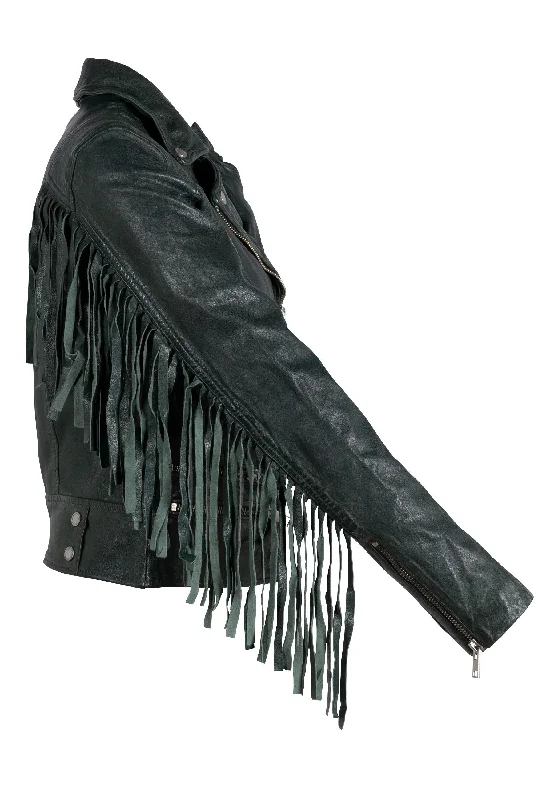 Zoe RF Leather Fringe Jacket, Dark Cedar Jersey Jacket Tulle Jacket Batik Jacket