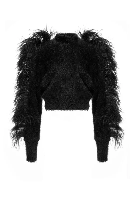 FEATHERED SHOULDER BLACK SWEATER Front Pockets Side Pockets Patch Pockets