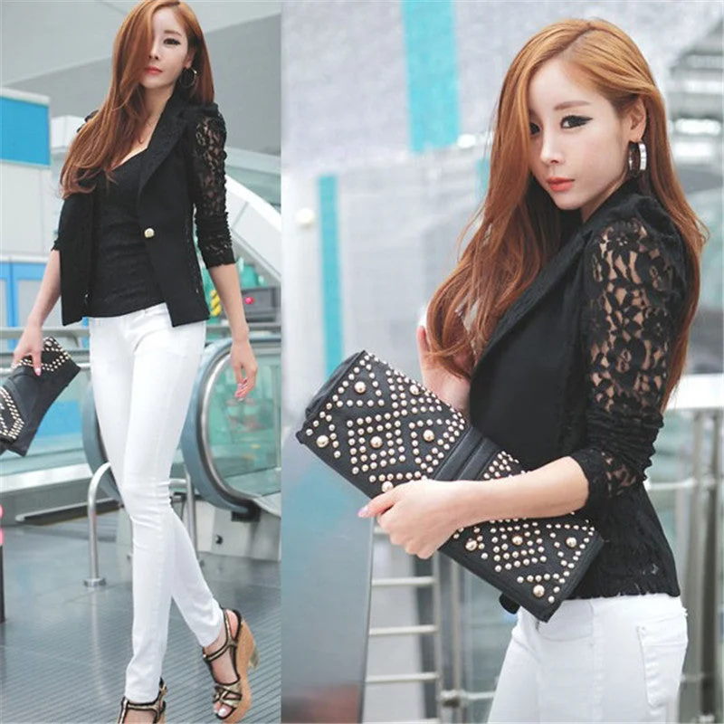 Elegant Women Slim Suit Blazer Coat Lace Crochet Jacket Cardigan Blouse Outwear Knit Fabric Woven Fabric Fleece Fabric