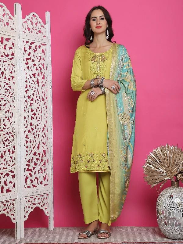 Jyoti Fashion Women's Lemon Yellow Muslin Floral Resham Embroidery Kurta with Trouser & Dupatta Trousers High Rise Slim Fit