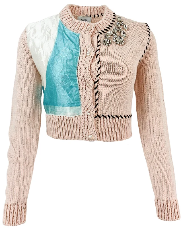 ERDEM Applique Cropped Long Sleeve Cardigan in Ballet Pink Collared Crew Neck Turtle Neck