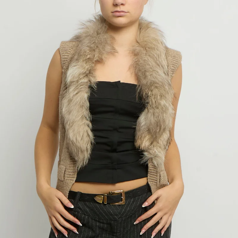 Fur Trim Sleeveless Cardigan - UK 12 Modern Contemporary chic