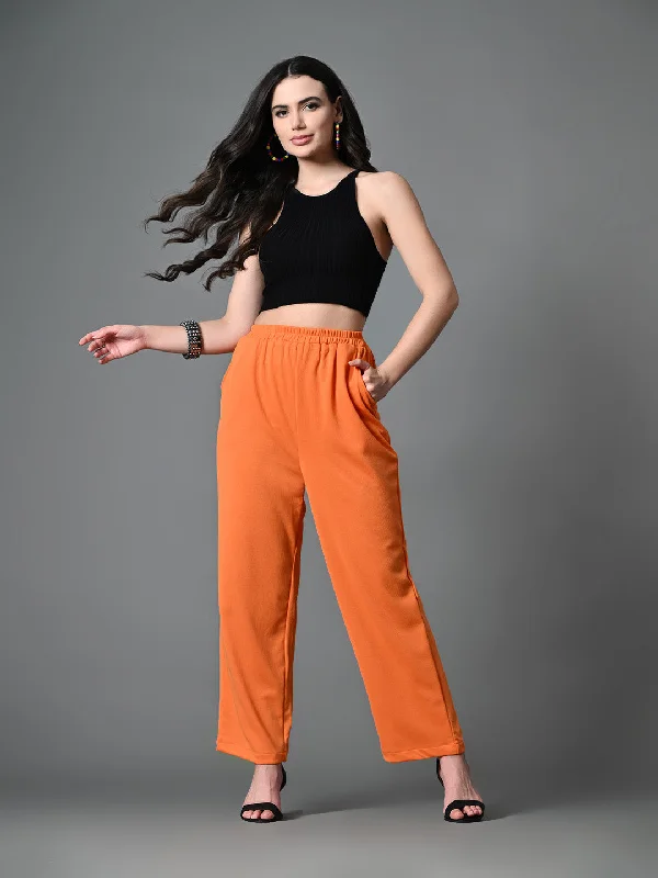 Myshka Women's Solid Ribbed High-Rise Wide Leg Casual Trousers in Orange Color Trousers Exclusive Limited