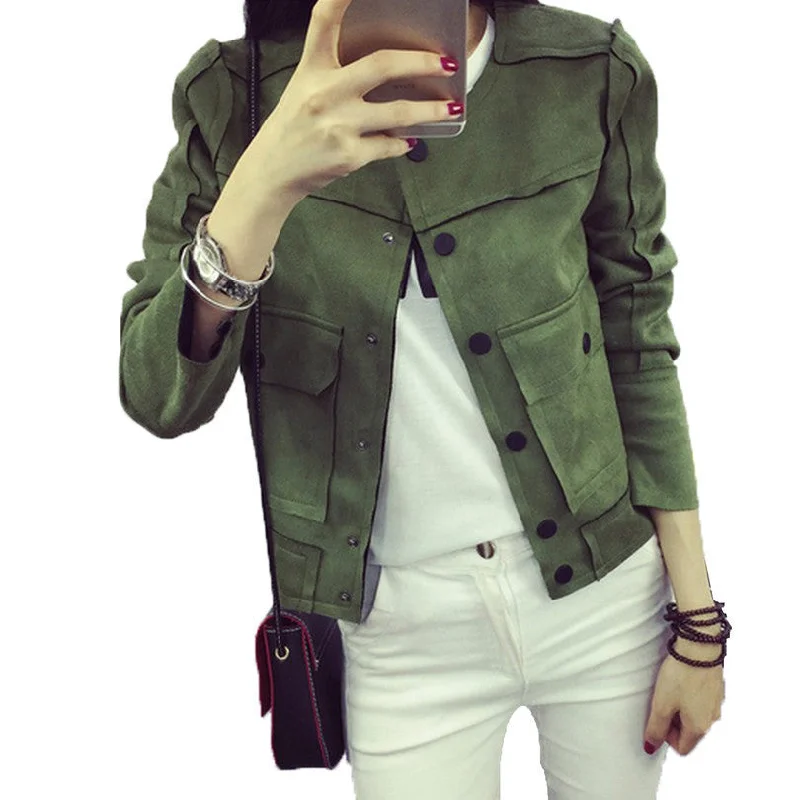 Retro Military Green Jacket Fashion Casual Suede Outerwear Coats Women Jaqueta Feminina V-Neck Jacket Boat Neck Jacket Square Neck Jacket