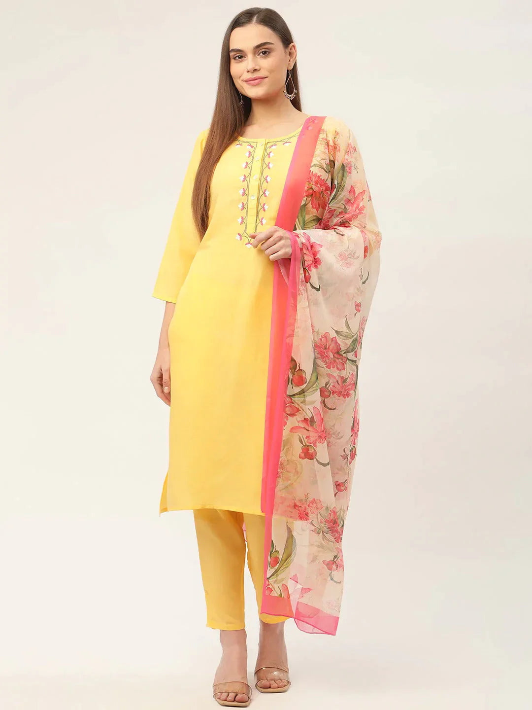 Women Yellow Embroidered Regular Kurta With Trousers & With Dupatta - Rasiya Trousers Summer Linen