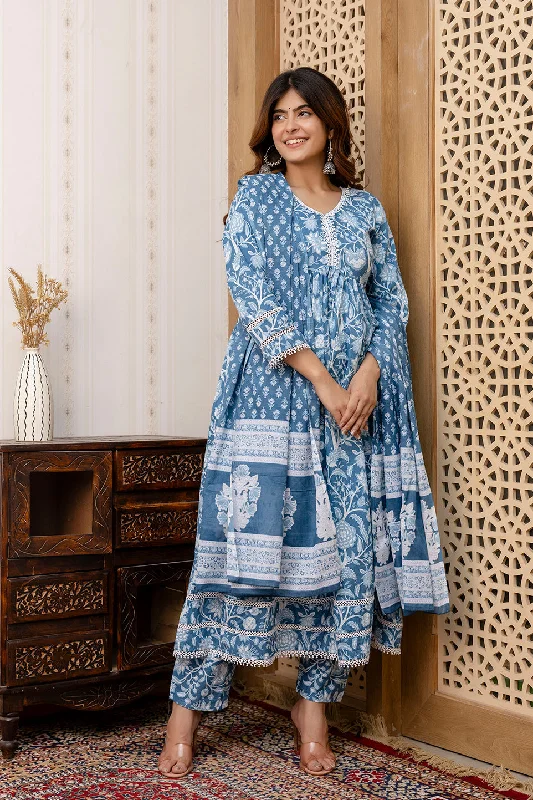 Women Blue Floral Printed Anarkali Kurta And Trouser With Dupatta - Rasiya Trousers Canvas Durable