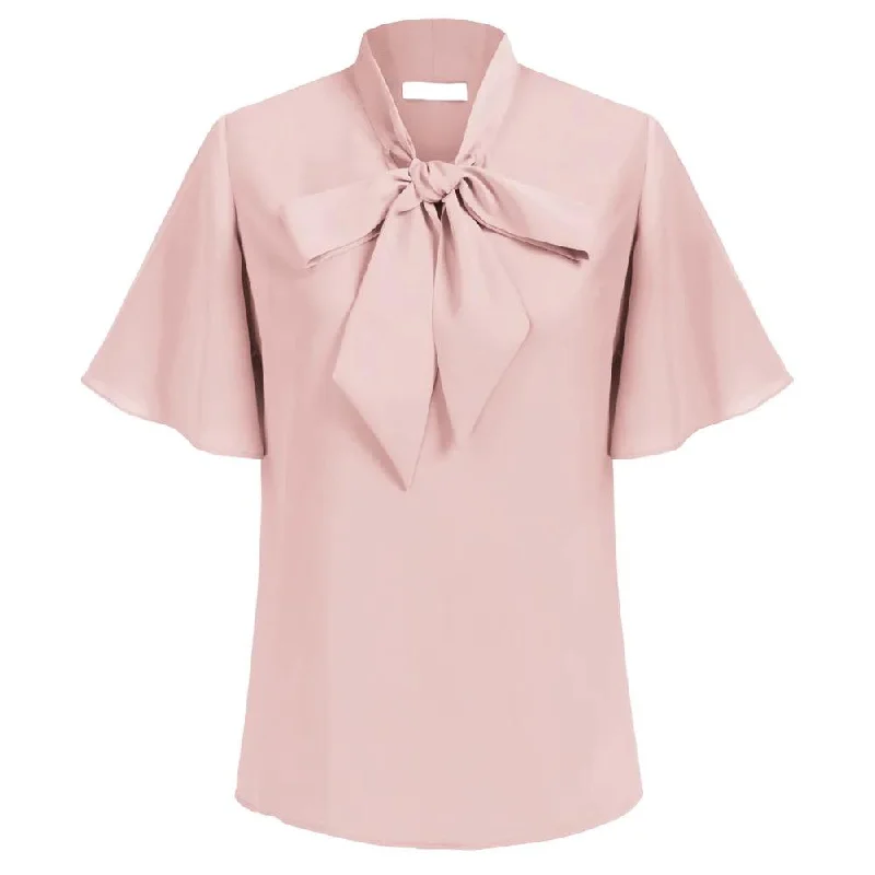 Bow-Knot Decorated Pullover Shirt Short Flounce Sleeve Women'S Blouses Casual Loose Fit Top S4468726 Peter Pan Collar