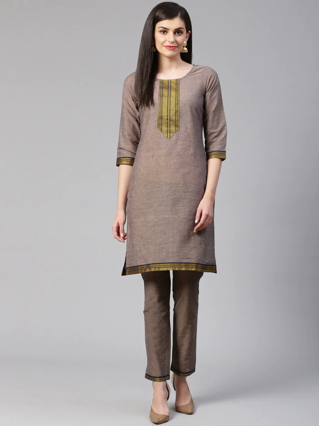 Women Grey Yoke Design Kurta With Trousers - Rasiya Trousers Fleece Cozy