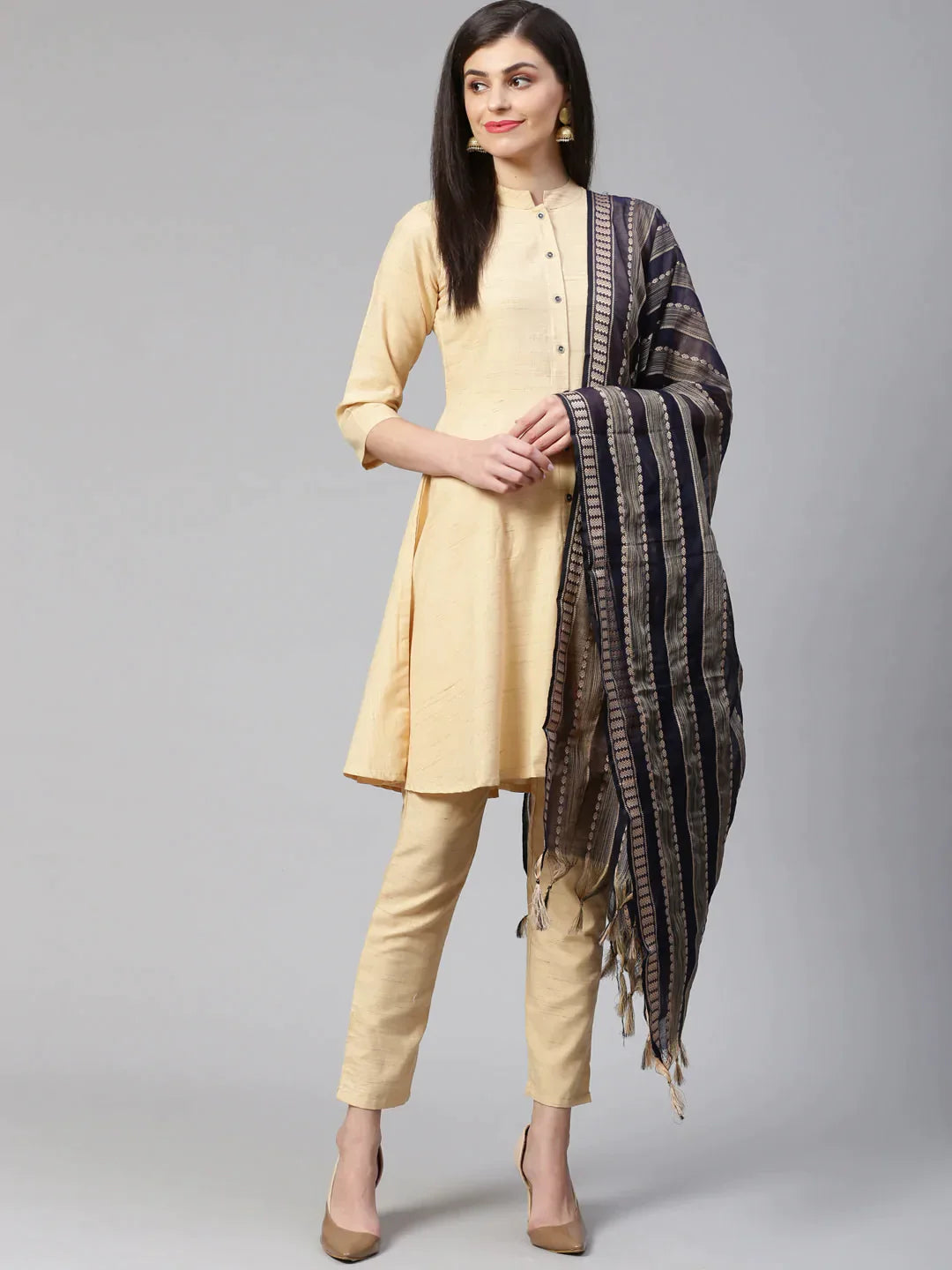 Women Beige Solid Kurta With Trousers & Dupatta - Rasiya Trousers Leather Faux