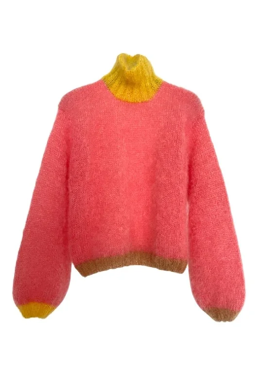 BLUSH COLORBLOCK MOCK NECK MOHAIR SWEATER Print Jacquard Patchwork