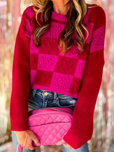 Hazel Blues® |  Plaid Heart Round Neck Sweater Front Pockets Side Pockets Patch Pockets