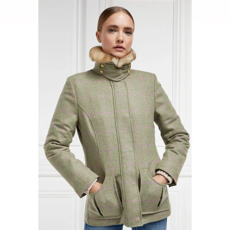 Holland Cooper Country Classic Ladies Tweed Jacket with Faux Fur Collar - Chartwell Check Cardigan Sweater Pullover