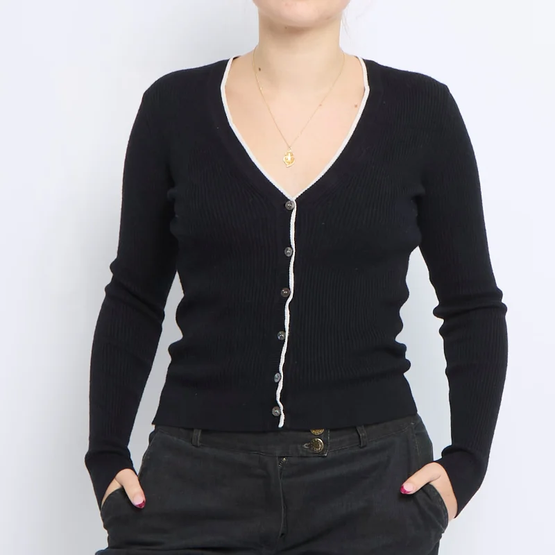 V-Neck Ribbed Cardigan - UK 8 Front Pockets Side Pockets Patch Pockets