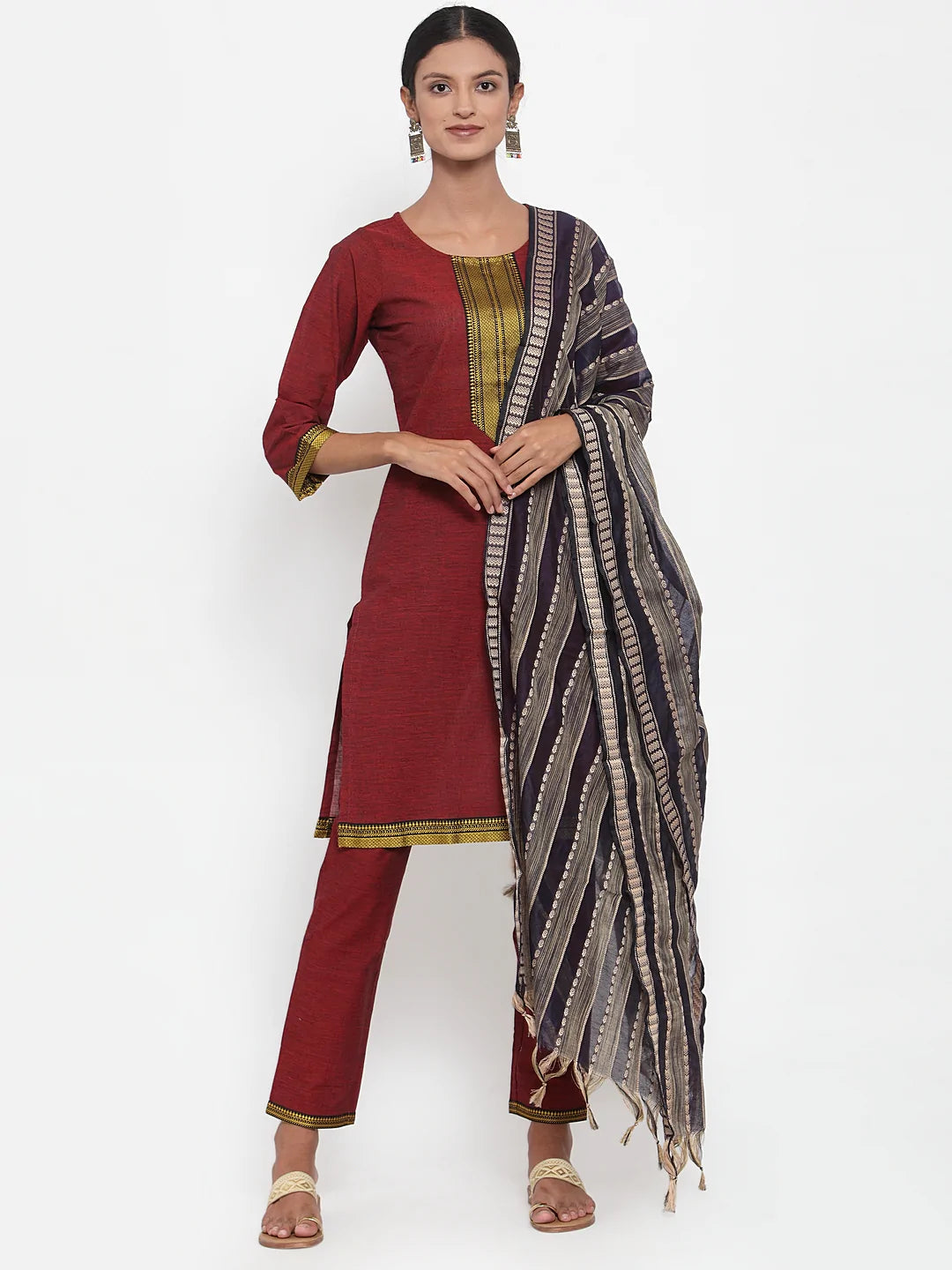 Women Maroon Solid Kurta With Trousers & Dupatta - Rasiya Trousers Wedding White