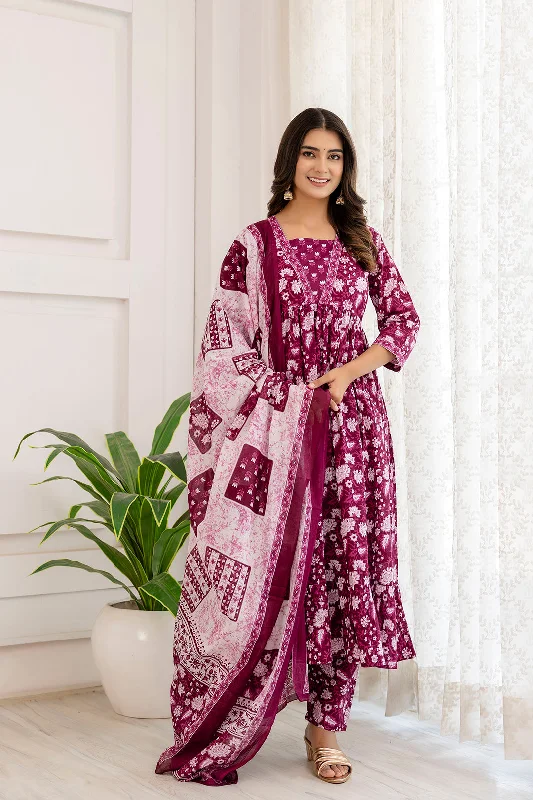 Women Purple Ethnic Printed Anarkali Kurta And Trouser With Dupatta - Rasiya Skinny Trousers Denim Stretchy