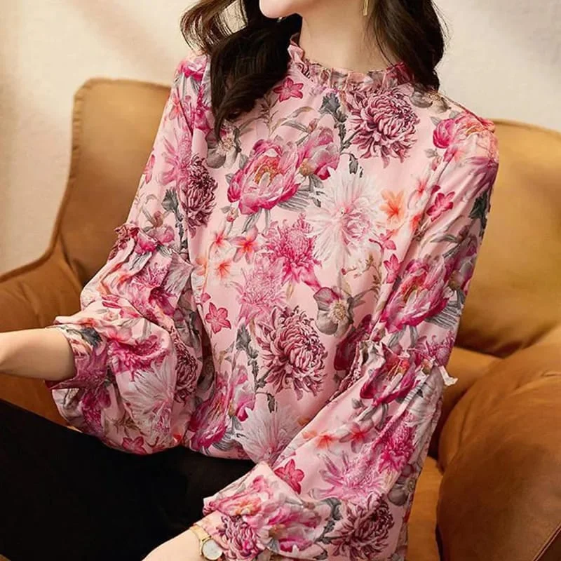 Spring Summer Elegant Fashion Ruffled Floral Print Lantern Long Sleeve Chiffon Shirt Top Ladies Temperament Wild Pullover Blouse S4842928 Polo Neck Sweater