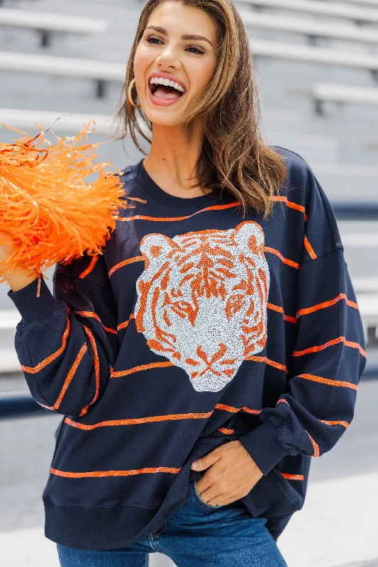 Lead The Way Navy Blue Tiger Pullover Jewel Neck Pullover