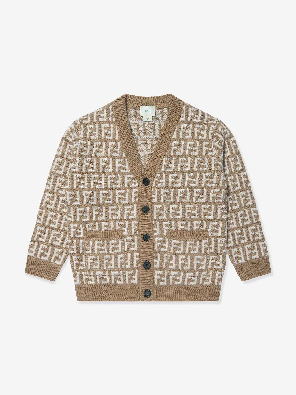 Fendi Kids Knitted FF Logo Cardigan in Beige Cotton Fabric Linen Fabric Terry Fabric