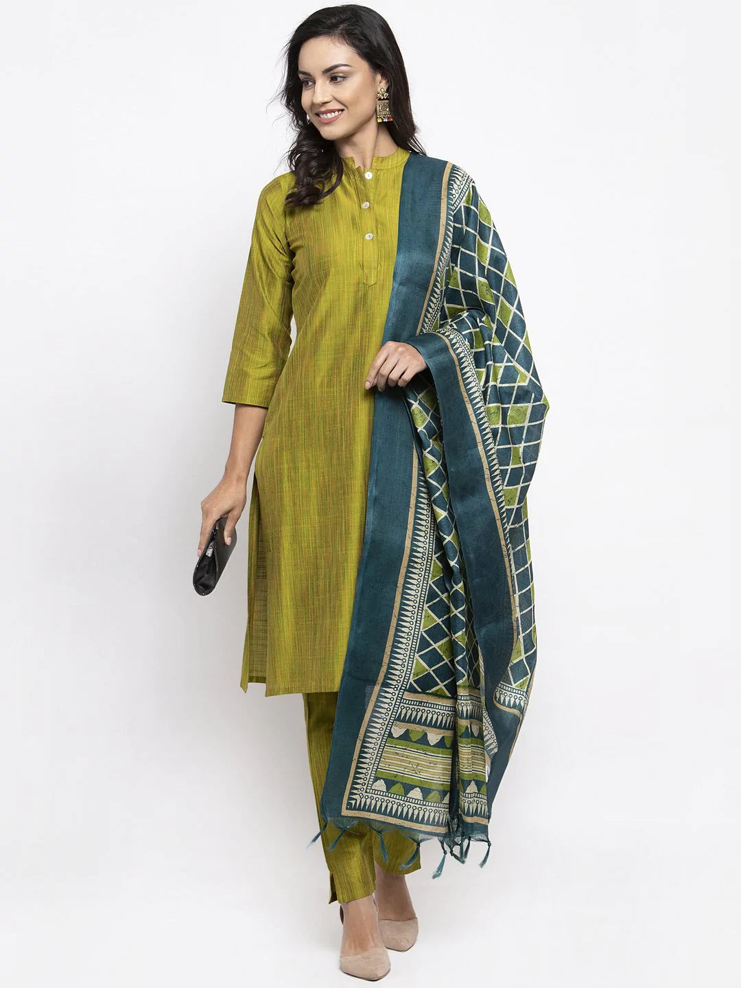 Women Green Self-Striped Kurta With Trousers & Art Silk Dupatta - Rasiya Trousers sophisticated sleek