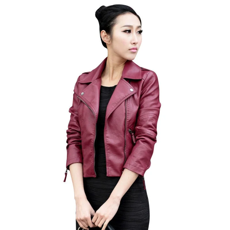 Women Leather Motorcycle Zipper collar Punk Coat Biker Jacket Outwear Fashion est ZT1 One-Shoulder Jacket Off-the-Shoulder Jacket Asymmetrical Jacket