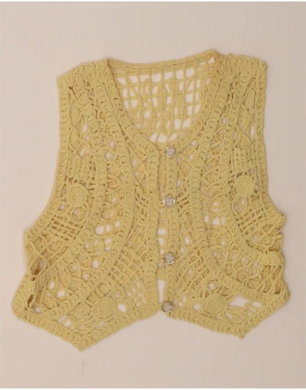 VINTAGE Womens Sleeveless Crochet Cardigan Top UK 14 Medium Yellow Toggled Drawstring Belted