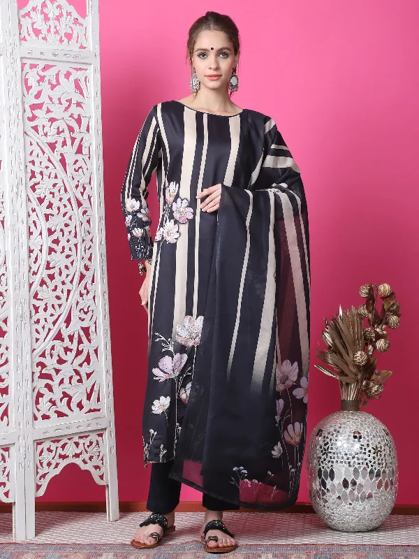 Jyoti Fashion Women's Black Cotton Geometric Digital Print with Jari & Crystal Kurta with Trouser & Dupatta Trousers Trousers Formal