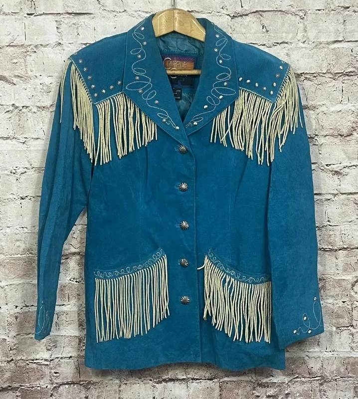 Rare Vintage Blue Suede Fringe Cowgirl Jacket L Fleece Fabric Down Fabric Feather Fabric