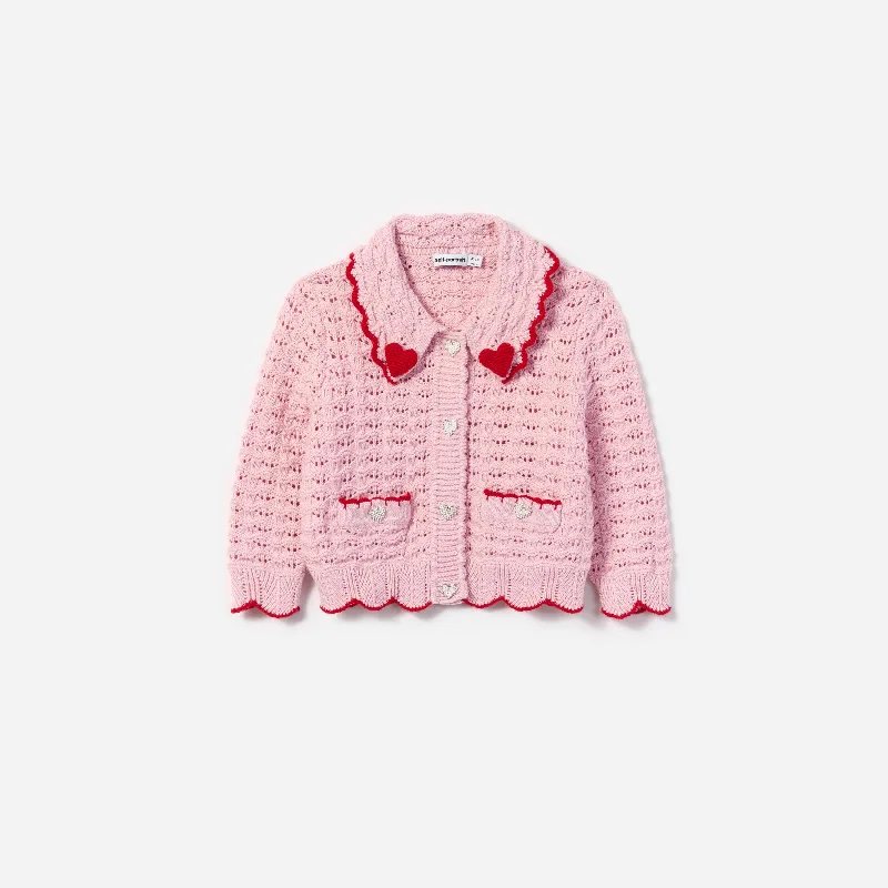 Girls Textured Heart Detail Cardigan in Pink Polka Dot Checkered Tartan