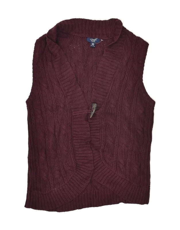 CHAPS Womens Sleeveless Cardigan Top UK 14 Medium Maroon Cotton Real Fur Shearling Chenille