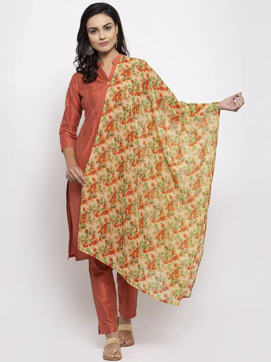 Women Orange Self-Striped Kurta With Trousers & Floal Georgette Dupatta - Rasiya Trousers chic fashionable