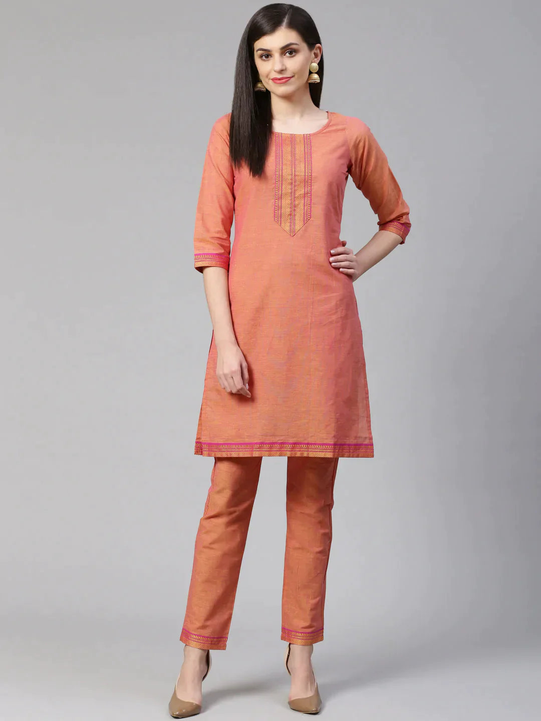 Women Pink Yoke Design Kurta With Trousers - Rasiya Trousers Silk Elegant