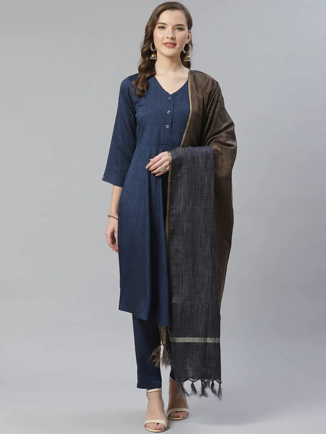 Women Navy Blue & Charcoal Grey Self Design Kurta With Trousers & Dupatta - Rasiya Trousers Yoga Stretchy