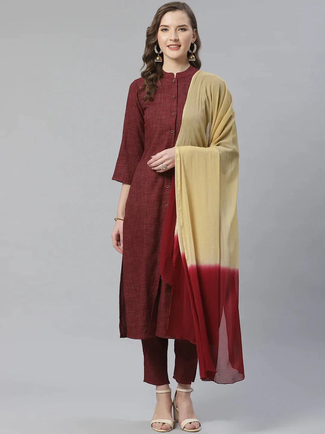 Women Burgundy & Beige Self Checked Kurta With Trousers & Dupatta - Rasiya Trousers Party Sparkling