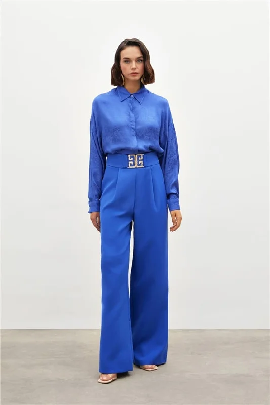 Waist Accessory Wide Leg Trousers - Royal Blue Cropped Trousers Casual Linen