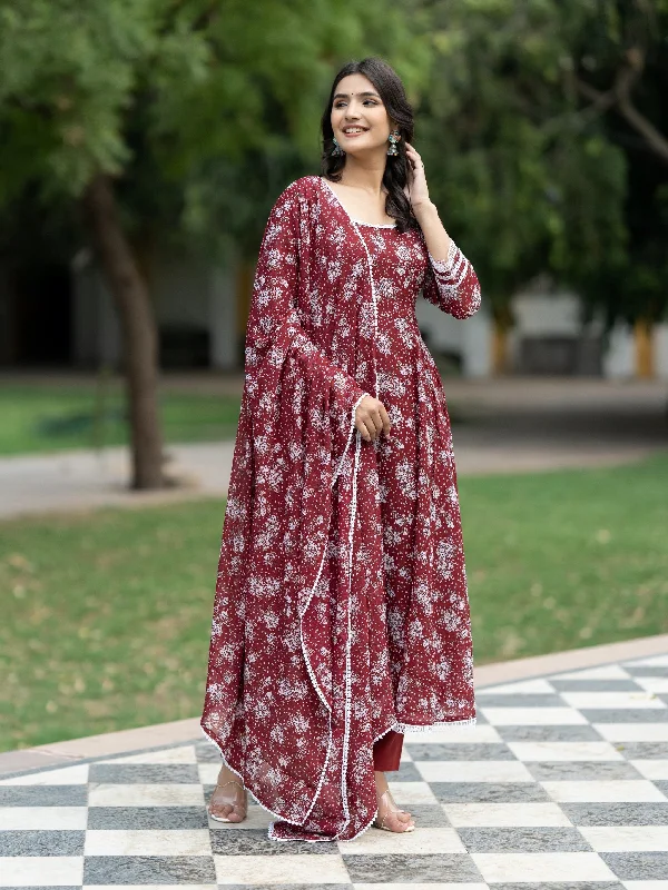 Women's Floral Printed Georgette Empire Kurta With Trousers & Dupatta - Aspora Trousers Bootcut Casual