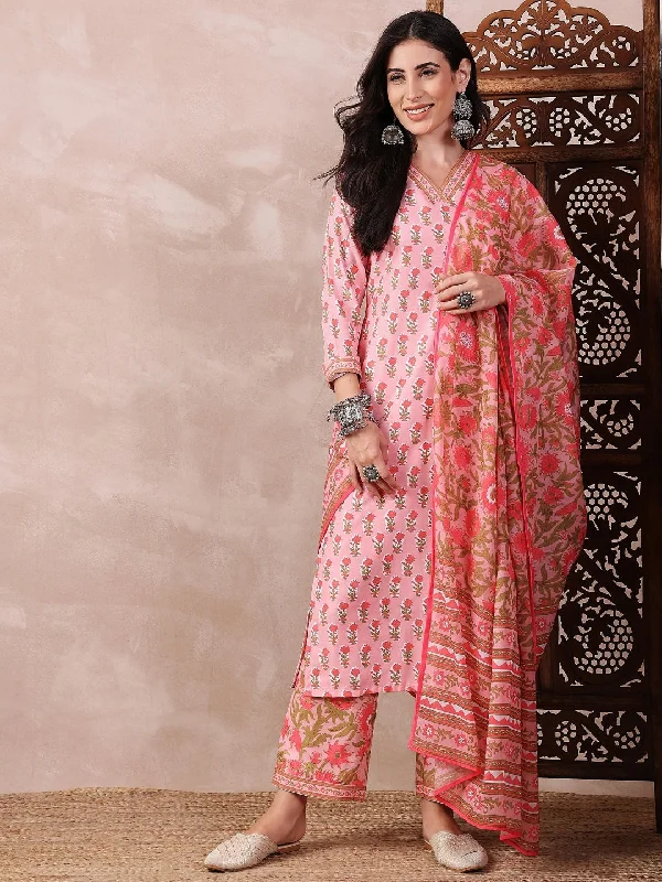 Women's Pink Rayon Blend Floral Printed Straight Kurta Trouser With Dupatta - Ahika Trousers Top Rated