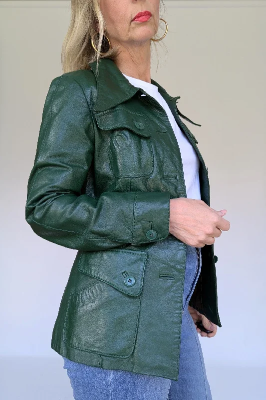 Vintage Green Leather Dagger Collar Jacket A-Line Jacket Boat Neck Shawl Collar